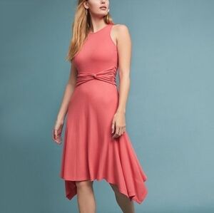 ANTHROPOLOGIE Kingsolver Ribbed Twist Front Midi Dress Medium Coral Pink